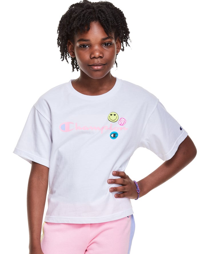 Champion T-Shirt Meisjes - Wit - Boxy Smiley Face ( 206759-JDK )